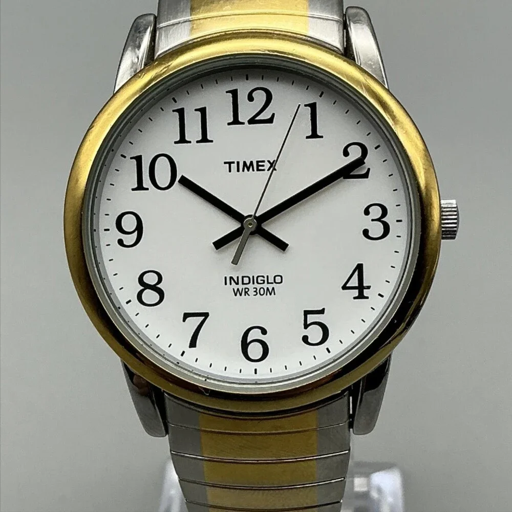 Timex Indiglo Mens Watch 35mm White Dial Two Tone Stretch Band New Battery